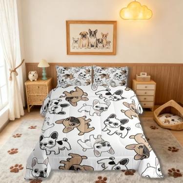 Imagem de Manfei Conjunto de edredom casal de buldogues franceses, conjunto de cama infantil fofo de desenho animado, amante de cães de estimação, edredom marrom e branco, 2 fronhas