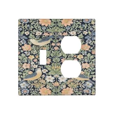 Imagem de SGEDAO Capas decorativas para tomadas rústicas Morris Birds Green Leaf Flower 2 Gang, capa de placa de parede de interruptor único, conjunto duplex, dois interruptores de luz, placa jumbo dupla GFCI