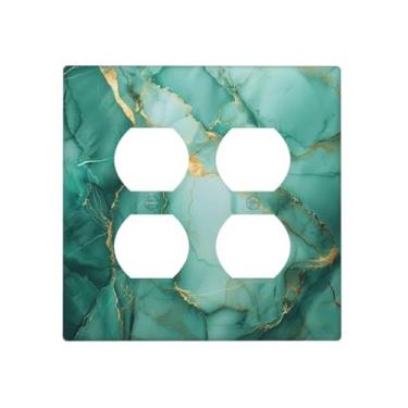 Imagem de DWBGUO Capas de tomada decorativas com textura de mármore de pedra preciosa verde turquesa dourada 2 placas de parede duplo receptáculo duplo interruptor de luz capa de placa de interruptor para