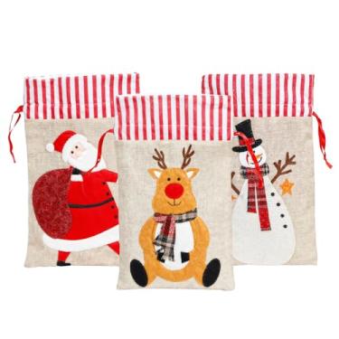 Imagem de LUMINFLY Sacos de vinho de serapilheira de Natal, conjunto de 3 sacos grandes de petiscos natalinos com Papai Noel, rena, boneco de neve - armazenamento reutilizável com cordão
