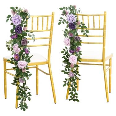 Imagem de Angela flower 4 peças de decoração de cadeira de banco de flores para corredor de casamento, arranjos de flores artificiais de ameixa e roxo rosa para cerimônia de igreja, recepção, encosto floral