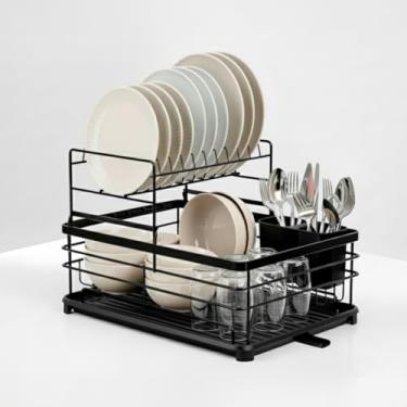 Imagem de Decolab Escorredor de Louça Duplo Com Bandeja Escoamento Automático 360°- Porta Talheres, Compacto (Preto, 1 Andar)