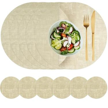 Imagem de QSYZAIL Conjunto de 6 jogos americanos redondos, tapetes de mesa de vinil de couro sintético laváveis com porta-copos para cozinha e festa ao ar livre