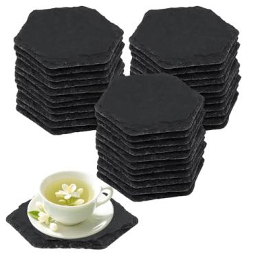 Imagem de MUKLEI Porta-copos de ardósia com 36 peças de volume, porta-copos hexagonais de pedra de ardósia preta hexagonal de 10 cm, porta-copos em branco com fundo antiarranhões para bebida, café, bar, cozinha