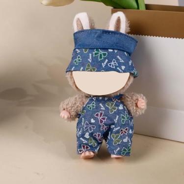 Imagem de Compatível com Labubu (sem boneca) - Conjunto de roupa jeans azul com estampa de laço colorido (chapéu + macacão), roupas de boneca de 15 cm/17 cm (azul)