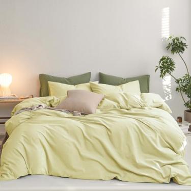 Imagem de MooMee Conjunto de capa de edredom Queen, 100% algodão lavado, como sarja, material resistente, super macio, respirável, roupa de cama durável para todas as estações, 3 peças (amarelo pálido, Queen