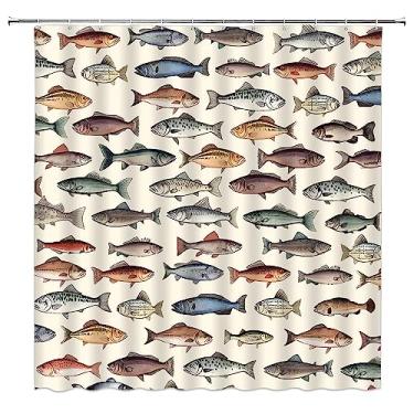 Imagem de Cortina de chuveiro vintage de peixe, rústica, cabana de fazenda, pesca, lago, peixes, chalé, acampamento, trailer, tecido, conjunto de cortina de banheiro com ganchos