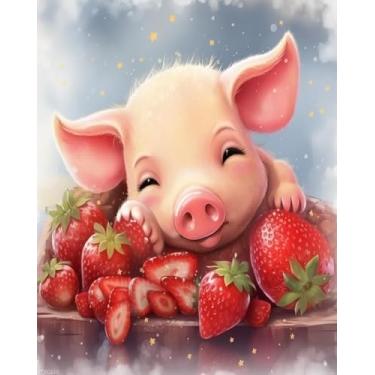 Imagem de XTXGERL Kits de pintura DIY por números para adultos, porco rosa e fruta, morango, pintura a óleo por números, artesanato para decoração de parede de casa, 40 x 50 cm