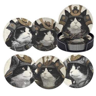 Imagem de Conjunto de 6 porta-copos de couro de gato guerreiro anime japonês com suporte