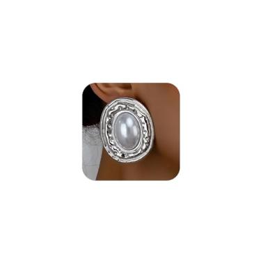 Imagem de Brincos pendentes ovais de pérolas douradas grandes para mulheres, vintage, geométrico, redondo, pingente exagerado, plus size, dois tons, bijuteria, acessórios para fantasia, One Size, Metal, Sem