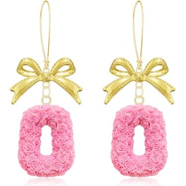 Imagem de unixmoment Brincos femininos de acrílico boêmio com pingente de flor rosa e laço de liga de liga, anel floral com fecho de alavanca, Large, Resina, Sem pedra preciosa