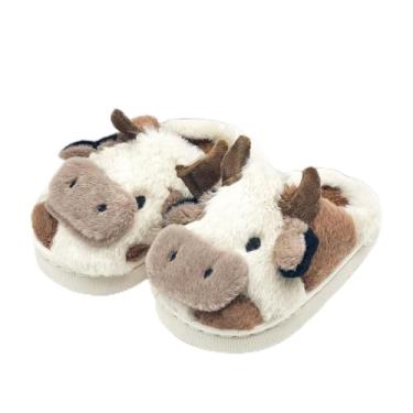 Imagem de Pantufas de vaca para crianças pequenas, meninos e meninas, pantufa de pelúcia macia, animal fofo, inverno, confortável, quente, felpudo, espuma de memória, antiderrapante, fofo, para uso interno e