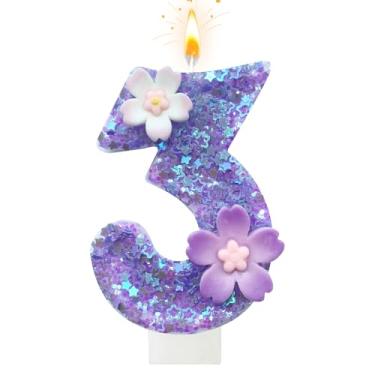 Imagem de Vela de aniversário de flor roxa, número 3 velas de aniversário para bolo, 3 velas para primeiro aniversário, decoração de bolo, aniversário de casamento e outras celebrações (roxo 3)