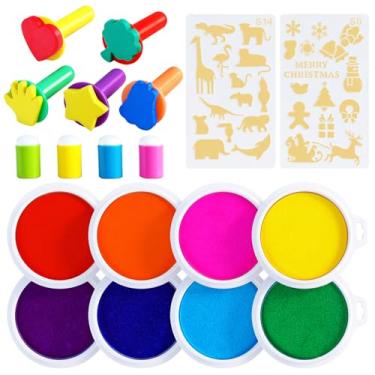 Imagem de Conjunto de tinta de dedo lavável - Almofadas de tinta redondas grandes de 18 cm (8 cores) com 5 carimbos de tinta, 4 esponjas e 2 estênceis | Artesanato, arte de sala de aula, lembranças de mãos e