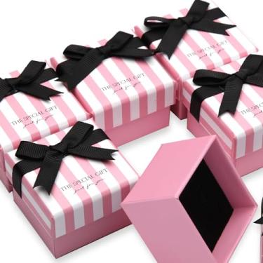 Imagem de 24 caixas de presente de joias, caixas de papelão, caixa de presente quadrada rosa para anel de crachá, broche e brinco (rosa com listras brancas)