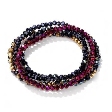 Imagem de Lubrifico Conjunto de 4 peças de pulseiras de cristal Boho com contas de 4 mm, pulseiras elásticas empilháveis em camadas para mulheres, presentes de amizade, Medium, Vidro, Strass