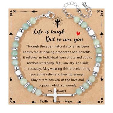 Imagem de JoycuFF Presentes Cristãos para Mulheres Pulseira Cruzada Fé Páscoa Católica Religiosa Joias Cristãs, Batismo Significativo Comunhão Contas Naturais Pulseiras, 7, Sem Pedra Preciosa