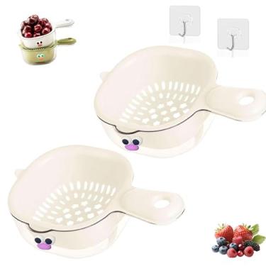 Imagem de Cesta de drenagem de camada dupla de cozinha com alça, mini coador de frutas e escorredor de vegetais para baga e tomate uva (2 peças brancas)