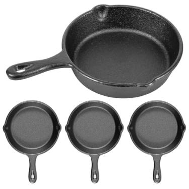 Imagem de KHZSPP Pacote com 4 mini frigideiras de ferro fundido, frigideiras pequenas duráveis de 10 cm com bicos duplos de gotejamento e alça, panela antiaderente resistente ao calor para fogão de indução a