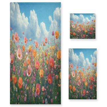 Imagem de ATTX Conjunto de toalhas de banho com pintura a óleo de flores silvestres de 3 peças - Ultra macio e de secagem rápida, toalhas de mão absorventes de grau de hotel e spa para banheiro #312