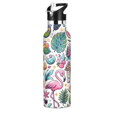 Imagem de Blueangle Garrafa de água de 590 ml com canudo - Garrafa de água esportiva de aço inoxidável sem BPA, design de flamingo de frutas à prova de vazamento para academia, atividades ao ar livre