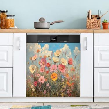 Imagem de ATTX Flores silvestres pintura a óleo capa ímã máquina de lavar louça, 58.4 cm C x 66.0 cm A decoração frontal da capa da máquina de lavar louça, decalques de armário doméstico eletrodomésticos