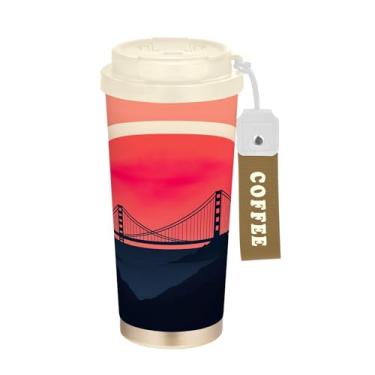 Imagem de SEHANY Caneca de viagem Bridges Sunset 482 g Copos de café reutilizáveis revestidos de cerâmica com tampa à prova de vazamento, parede dupla, isolamento a vácuo, copo de café de aço inoxidável para