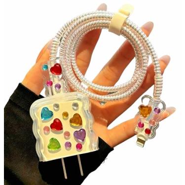 Imagem de Capa de carregador para iPhone 13 14 15 16 17 Pro Max adaptador de carregador, bonito design de diamante feminino em forma de coração, protetor de cabo de carregador colorido macio capa protetora de