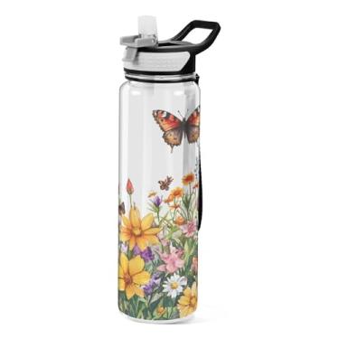 Imagem de ATTX Garrafa de água de primavera flores silvestres e borboletas, 947 ml, à prova de vazamento e livre de BPA, garrafas de água reutilizáveis de plástico Tritan para viagens, academia, corrida (282)