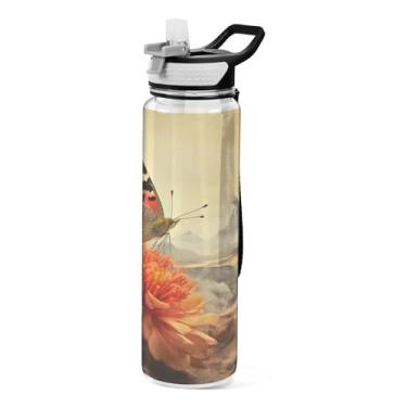 Imagem de ATTX Garrafa de água Old Grungy Butterfly, 947 ml, à prova de vazamento e livre de BPA, garrafas de água reutilizáveis de plástico Tritan para viagens, academia, fitness, corrida #534