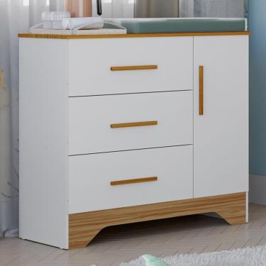 Imagem de Cômoda Infantil Popy Retrô Plus 1 Porta E 3 Gavetas Branco Brilho/amêndoa - Móveis Peroba