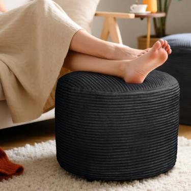 Imagem de AMCATON Pufe redondo de veludo cotelê otomano para sofá de sala de estar – banqueta de pelúcia macia preenchida com espuma desfiada, apoio confortável para os pés