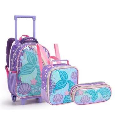 Imagem de Kit Mochila Carrinho + Lancheira + Estojo Lilás Kids Sereia | Seanite-Feminino