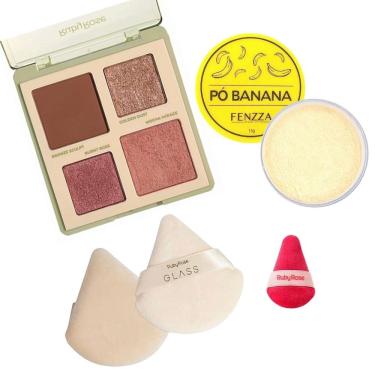 Imagem de Kit de maquiagem Paleta Contorno Blush Iluminador + Pó + Esponja para Pele negra e Media