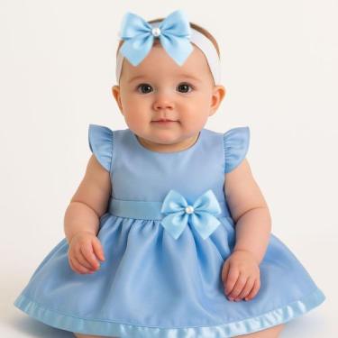 Imagem de Vestido Bebê Menina Princesa Luxo com Faixa Tiara Microfibra Festas - 