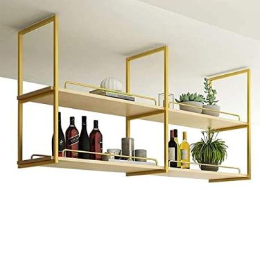 Imagem de Suporte para pendurar para copos de vinho - Suporte de parede para garrafa de vinho dourado, prateleira de teto, rack de plantas montado na parede/rack de vinho, placa de madeira maciça de 2 cm