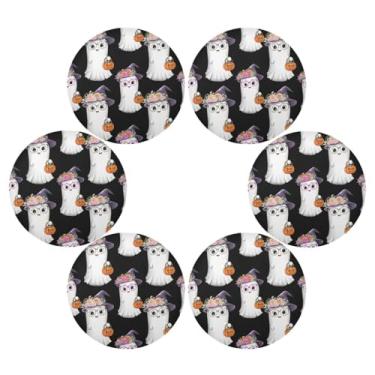 Imagem de Wassud Jogo americano conjunto de 6 chapéus de Halloween boo e flores tapetes de mesa redondos para cozinha e jantar tapetes laváveis resistentes ao calor decoração de mesa 39 cm