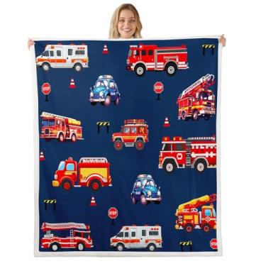 Imagem de jejeloiu Cobertor de lã para carro de polícia, caminhão de bombeiros, cobertor sherpa para crianças, mulheres, homens, carro felpudo 101,6 cm x 127 cm para cama, sofá, cadeira, sala de estar