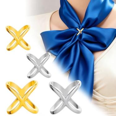 Imagem de LUSTRIB Conjunto de clipe de anel de cachecol em forma de X, clipes de cachecol dourados e prateados, suporte de fivela deslizante para mulheres, lenços de seda decorativos com fecho de pino para