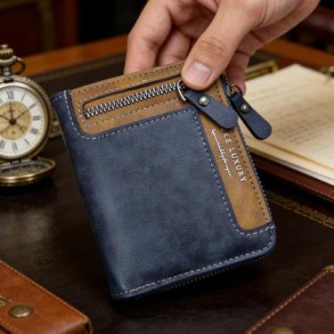 Imagem de Carteira masculina azul curta com zíper, carteira compacta fina com vários compartimentos para cartões e bolso para moedas, carteira dobrável feita à mão com bloqueio de RFID para uso diário e