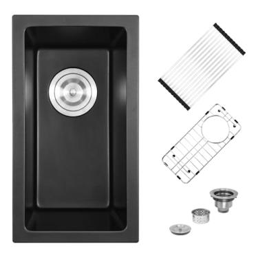 Imagem de Davivy Pia de barra de granito preto de 25,5 x 45,7 x 25,44 cm, pia de cozinha para trailer, composto de granito pequeno, tigela única profunda com acessórios para bar molhado, trailer, uso ao ar
