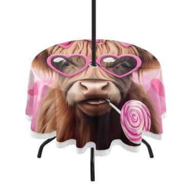 Imagem de Qilmy Toalha de mesa de vaca redonda impermeável de 152 cm com orifício para guarda-chuva e zíper – uso externo / interno resistente para pátio, churrascos, piqueniques, festas (serve para mesas