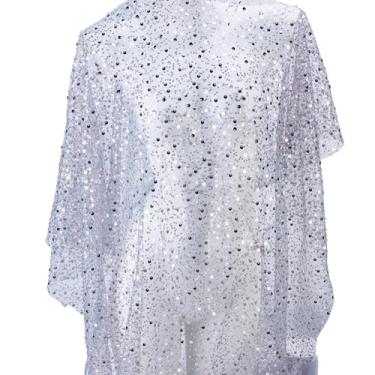 Imagem de MAYJOYDIY Tecido de tule cinza claro com glitter de 1 jarda com lantejoulas e miçangas 128 cm de largura lantejoulas pérola tecido de renda de tule macio para véus de casamento, vestido de noite