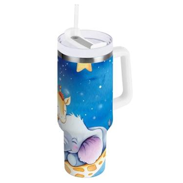 Imagem de ODAWA Copo à prova de derramamento de 1,134 g com palha, copo de aço inoxidável isolado azul lua elefante com alça e canudo