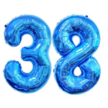 Imagem de GFIURNJVVBJH Balão de alumínio com 38 números, número 81 cm, balão gigante para decoração de festa de aniversário de 38 anos, casamento, formatura, celebração, festa, azul, 38