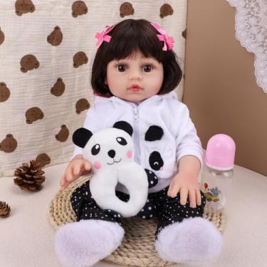 Imagem de Bebê Reborn Boneca Silicone Menina Panda Original 48cm Olhos Castanhos