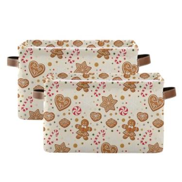 Imagem de Cestas de armazenamento dobráveis com alças – 36 cm x 26 cm cestas de prateleira de lona dobráveis de tecido para prateleiras, escritório em casa, biscoito de Natal fofo, bege, pacote com 2