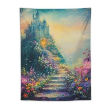 Imagem de Tapeçaria Dreamy Blue Castle Garden Staircase Wall Hanging Colorful Floral Path Landscape Art For Bedroom Living Room Dorm Apartamento Romântico Conto de Fadas Wonderland DecorTapestry30 x 40