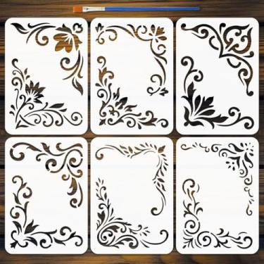 Imagem de FINGERINSPIRE 6 peças de estênceis de bordas e cantos com pincel 14,8 x 10,5 cm, estênceis de borda de cantos, bordas florais, modelos de moldura de canto para pintura em móveis de parede de madeira
