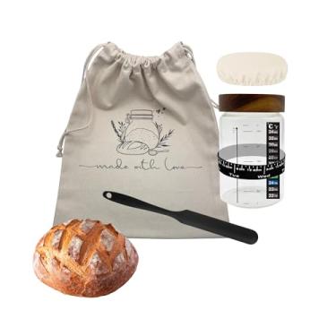 Imagem de Kit premium para iniciantes de massa fermentada de 947 ml – pote de vidro com faixa de medição, tampa de madeira e capa de lona respirável – espátula de cabo longo + bolsa de armazenamento com cordão